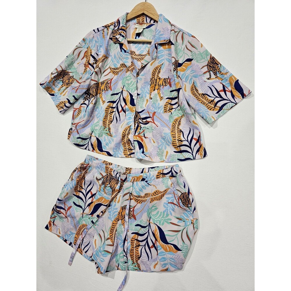 Cynthia Rowley Pajama Set Women’s Med Large Tropical Tiger AOP Pajamas Cropped